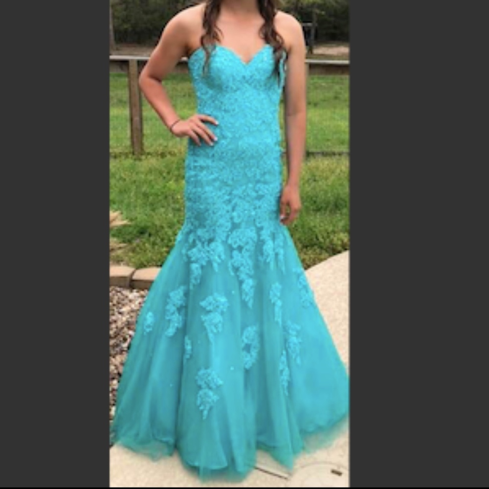 Fit and flare long formal turquoise dress